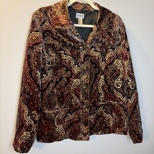 Chicos Velvet Paisley Blazer Jacket Button Front Boho Western Burgundy Sz 2